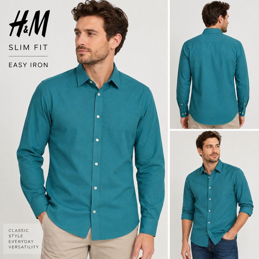 H&M Mens M Slim Fit Teal Button Down Shirt Long Sleeve Easy Iron Casual Dress